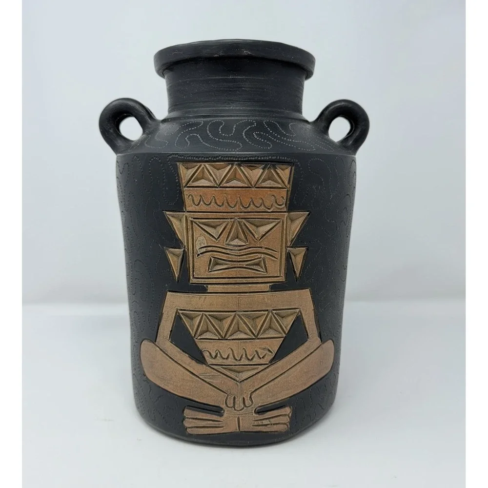Vtg Black Pottery Vase Copper Colored Relief Tribal‎ Geometric Double Handle 11